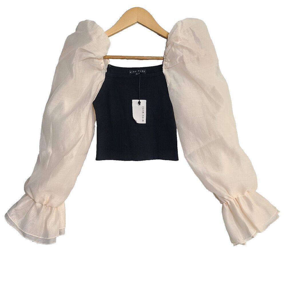 New Miou Muse‎ Top S Black Knit Ivory Sheer Puff Sleeve Cropped Blouse